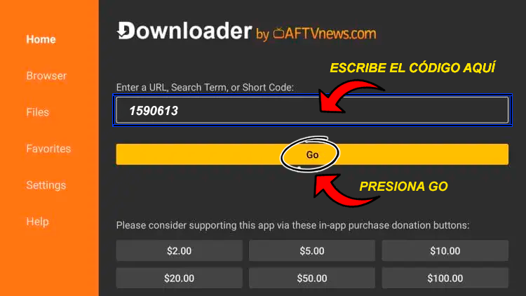 Ingresar código en Downloader